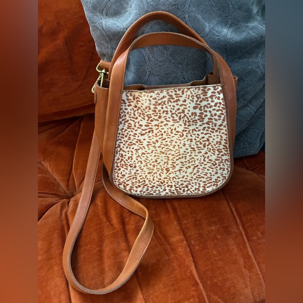 Leather Crossbody Bag with Leopard Print Panel - Brown